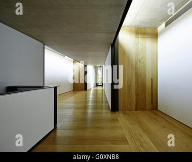 PX House, La Garriga, España. Vista de una decoración contemporánea, mínimamente, vestíbulo con blanco y negro, paredes y piso de madera. Foto de stock