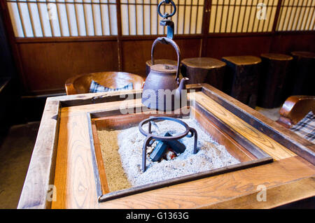 Japonesa tradicional chimenea hundida, o irori, utilizado para cocinar