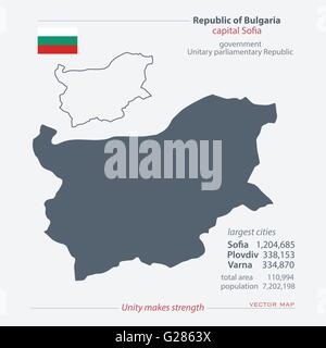 República de Bulgaria mapas aislados y bandera oficial icono. vector mapa político búlgaro iconos con información general. Europa Ilustración del Vector