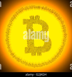Golden radiante Blockchain Bitcoin logotipo tecnología digital. Ilustración de una moneda electrónica descentralizada crypto moneda. Foto de stock