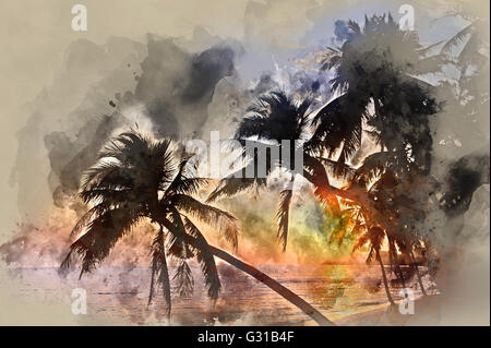 Escena idílica de palmeras cerca del mar al atardecer