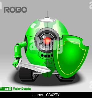 3d green robo eyeborg guerrero con una espada y un escudo y moviéndose como un tanque. Gran ojo rojo y negro y la antena. Im vectoriales digitales Ilustración del Vector