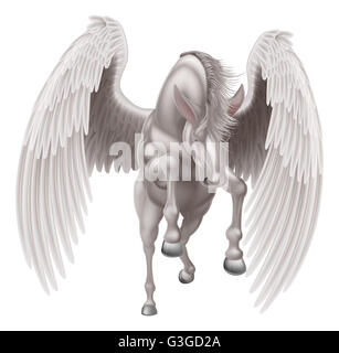 Una ilustración de un caballo alado mitológico Pegaso blanco crianza sobre sus patas traseras o correr, saltar o volar visto desde th Foto de stock