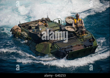 Los infantes de marina navegar por un vehículo de asalto anfibio. Foto de stock
