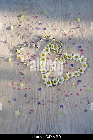 Corazones entrelazados de daisy flores y fresas en placa pintadas de blanco, salpicado de pequeñas flores de verano.