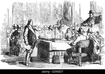 En abril de 1653 Cromwell abordar la "rabadilla" el Parlamento y arduo establecer un gobierno provisional de 40 miembros (procedentes de la grupa y el ejército) y luego abdicar. Foto de stock