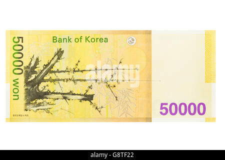 Cincuenta mil de Corea del Sur ganó el billete en un fondo blanco. Foto de stock