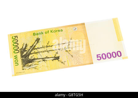 Cincuenta mil de Corea del Sur ganó el billete en un fondo blanco. Foto de stock