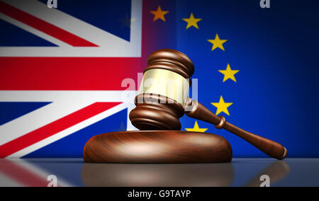 Brexit referéndum británico y las nuevas leyes y reglamentos de la Unión Europea concepto con bandera del Reino Unido y de la UE y un martillo 3D ilustración. Foto de stock