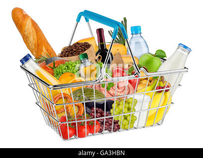 Cesta de la compra azul lleno de diversos alimentos y bebidas aislado sobre fondo blanco. Foto de stock