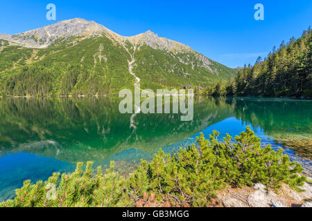 Vista de agua verde hermoso lago Morskie Oko, montañas Tatra, Polonia