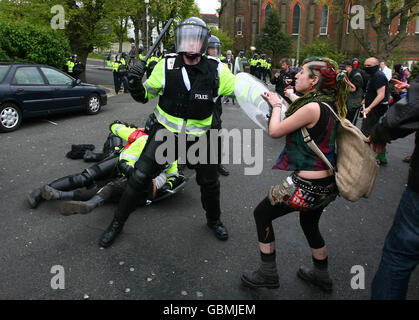 Los activistas de la EDO aplastados chocan con la policía mientras se dirigen a Brighton, East Sussex, durante una protesta del día de Mayo. Foto de stock