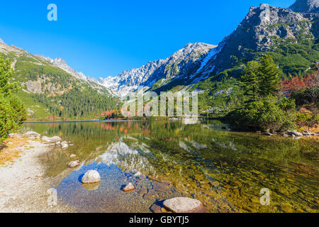 Reflejo de las montañas en el lago Popradske en colores de otoño de las Montañas Tatra, Eslovaquia