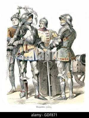 Trajes de Caballeros borgoñones y soldados en la armadura. 1470 Foto de stock