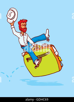 Cartoon ilustración del Vaquero montando el equipaje como viajes rodeo Foto de stock