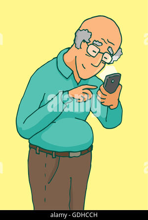 Ilustración de una historieta senior activo utilizando su smartphone con pantalla táctil