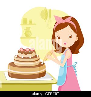 Mujer haciendo pastel plano vector ilustración. Alegre trabajador del