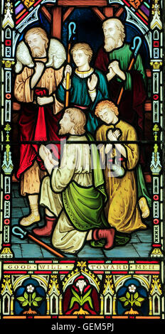 Burnham Deepdale, La Natividad, vidriera, pastores, por Frederick Preedy, 1876, Norfolk, Inglaterra windows estable Foto de stock