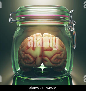 Cerebro Humano en un tarro de vidrio, ilustración. Foto de stock