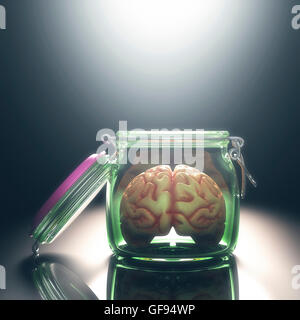 Cerebro Humano en frasco de vidrio con tapa abierta, la ilustración. Foto de stock