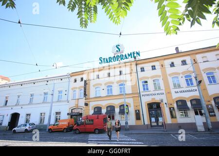 Praga, República Checa - 19 de julio: Vista de calle de la fábrica de cerveza Staropramen el 19 de julio de 2016 en Praga, República Checa Foto de stock
