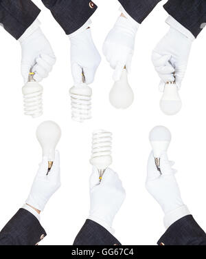 Juego de manos en los negocios trajes y guantes textil mantenga distintas lámparas aislado sobre fondo blanco.