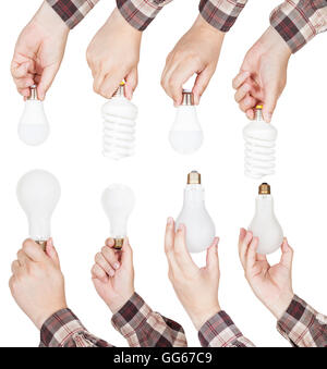 Juego de manos sostienen distintas lámparas aislado sobre fondo blanco.