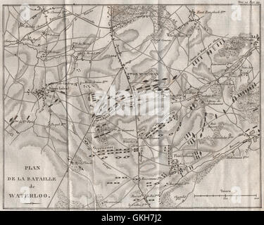 El plan de la batalla de Waterloo en 1815. Bélgica, 1821 mapa antiguo Foto de stock