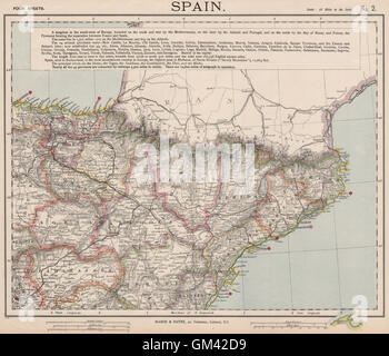 Al noreste de España. Cataluña, Aragón, Navarra. Los ferrocarriles faros. LETTS 1889 mapa Foto de stock