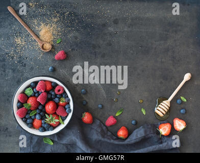 Berry bastidor con copia espacio en la derecha. Las fresas, frambuesas, arándanos y hojas de menta Foto de stock