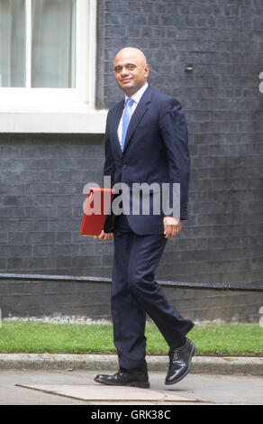 Sajid Javid, Secretario de Estado de Comunidades y Gobierno Local,llega a Downing Street durante una reunión del gabinete Foto de stock
