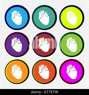 Signo icono del corazón humano. Nueve botones redondos de varios colores. Vector Ilustración del Vector