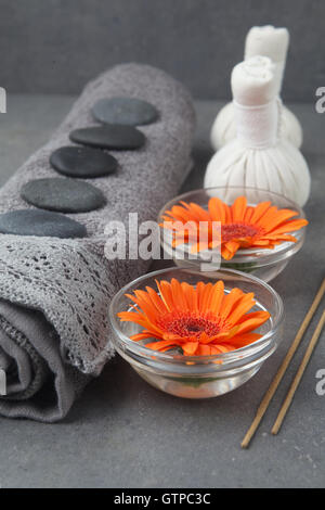 Masaje Spa con una toalla enrollada, hierbas tailandesas, comprimir las bolas y flores en superficie gris Foto de stock