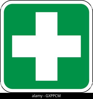 Póster de primeros auxilios, primeros auxilios, signo de cruz blanca sobre un fondo cuadrado verde, ilustración vectorial. Ilustración del Vector