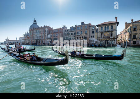 Tres góndolas con turistas en el Gran Canal de Venecia (Italia) a finales de verano en frente de los edificios típicos de Venecia Foto de stock