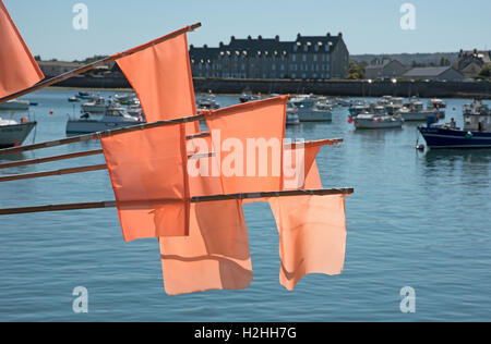 La comuna costera de Barfleur en Normandía, noroeste de Francia. Banderas de marcador del pescador en el muelle