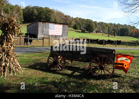 Virginia, EE.UU. Granja de ganado con bandera americana en el antiguo granero de madera y un carro de madera en primer plano.
