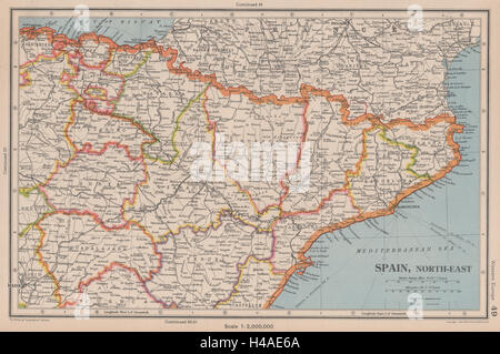 España Noreste. Catalunya (Cataluña), Aragón, Navarra, País Vasco 1944 mapa Foto de stock