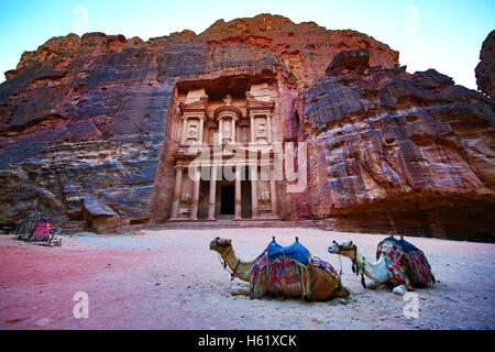 Vista de la Tesorería, Al-Khazneh, con camellos, Petra, Jordania Foto de stock