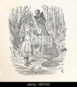 Esta es una escena de lo que Alice vio una vez viajó a través del espejo y el espejo en la habitación de Lewis Carroll 'a través del espejo.' Aquí Alice habla con la Reina Roja y le dice que ella ha perdido su camino y ahora está en el jardín de flores en directo. Foto de stock