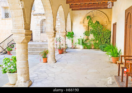 La terraza decorada con plantas en macetas es el lugar perfecto para disfrutar de la belleza del monasterio medieval de Ho Foto de stock