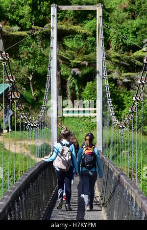 Los turistas en el puente colgante en Karangahake Gorge, NZ.