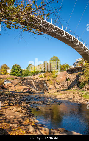 Puente de suspensión sobre el Reedy River en el centro de Greenville, Carolina del Sur en la Falls Park en el Reedy. (Ee.Uu.) Foto de stock