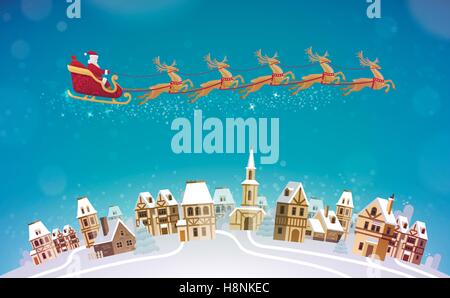 Navidad, vector. Santa Claus paseos en trineo tirado por renos en ciudad Ilustración del Vector