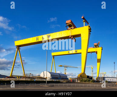 Sansón y Goliat. Dos grúas de pórtico de la construcción naval en Titanic Quarter, famoso de Belfast, Irlanda Norther. Foto de stock