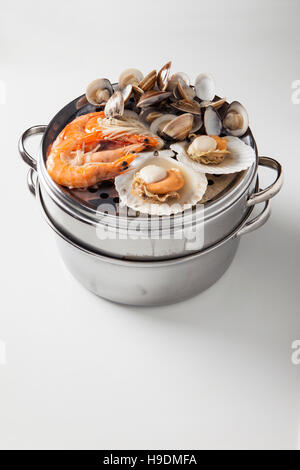 El vapor mariscos, los camarones, las vieiras y las almejas en una olla de vapor Foto de stock