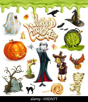 Halloween vector 3D iconos. Calabaza, fantasma, araña, bruja, vampiro, maíz dulce. Conjunto de objetos y personajes de dibujos animados, saludos texto Feliz Halloween f