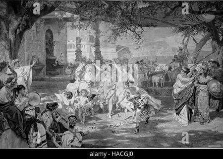 El juicio de Paris es una historia de la mitología griega, que fue uno de los acontecimientos que condujeron a la guerra de Troya, ilustración histórica, Xilografía Foto de stock