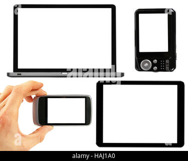 Conjunto de aparatos electrónicos con pantallas en blanco Foto de stock