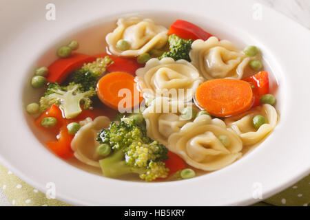Sopa italiana con tortellini y verduras en la placa horizontal de macro.